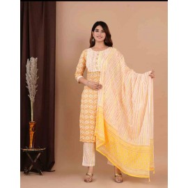  Cotton hand work kurti pant with duptta