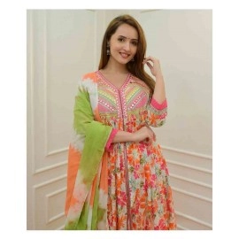 Designer Anarkali Multicolour Gown with Mirror Work & Zippy Lace