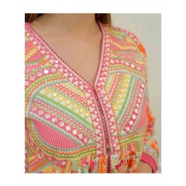 Designer Anarkali Multicolour Gown with Mirror Work & Zippy Lace