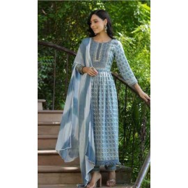 Designer Nayra Cut Pure Rayon Cotton Kurti,Pant with Dupatta Set